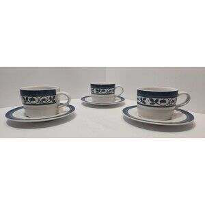 Vintage Pfaltzgraff Orleans Set Of 3 Cups And Saucers Blue Vine